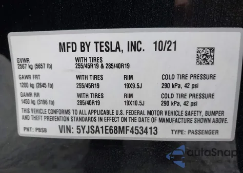 2021 Tesla Model S Plaid Tri Motor All-Wheel Drive z USA, uszkodzony, nr VIN 5YJSA1E68MF453413